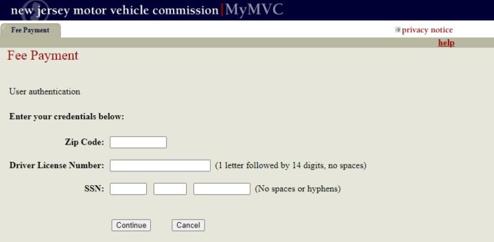 NJ MVC-Fee Payment Page