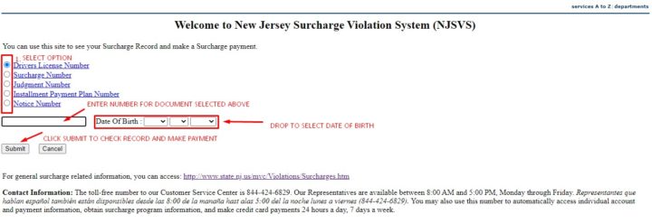 New Jersey Surcharge Violation System Form