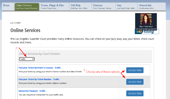 Superior Court of California, County of Los Angeles online services page